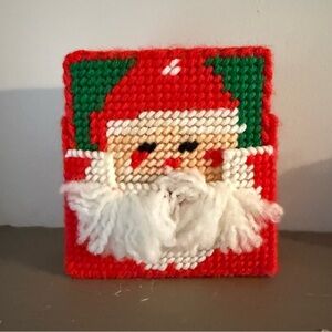 Vintage handmade needlepoint coaster set Santa beard red white green 4 coasters